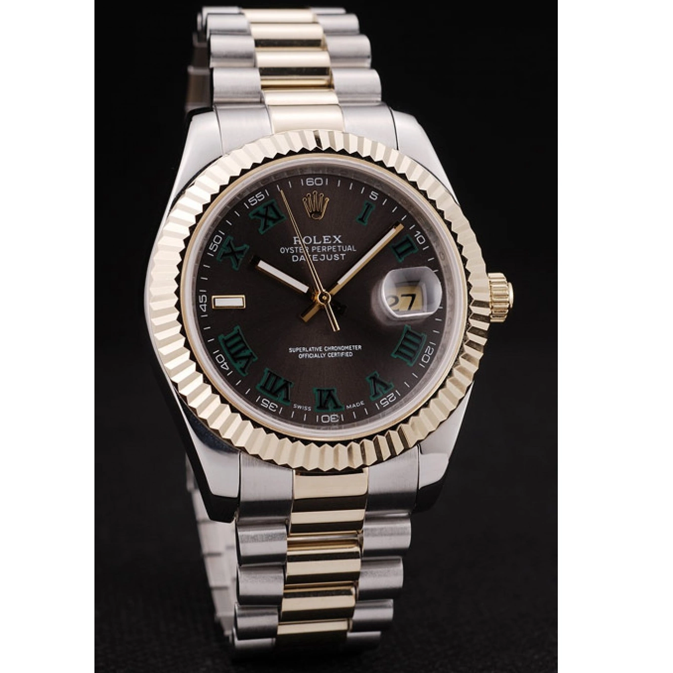 Rolex aaa copy Gold Bezel Brown Ribbed Pattern Rolex Dial DateJust 0708